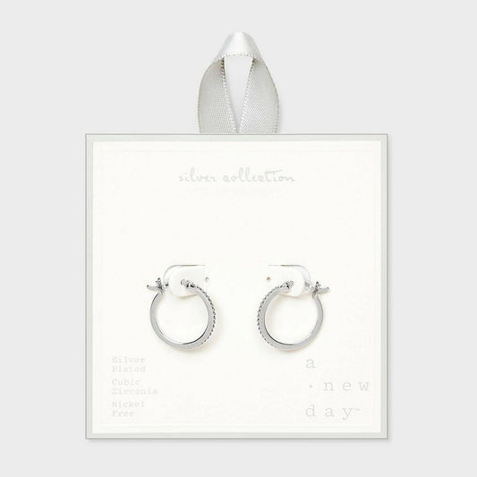Silver Plated Brass Cubic Zirconia Pave Hoop Earrings