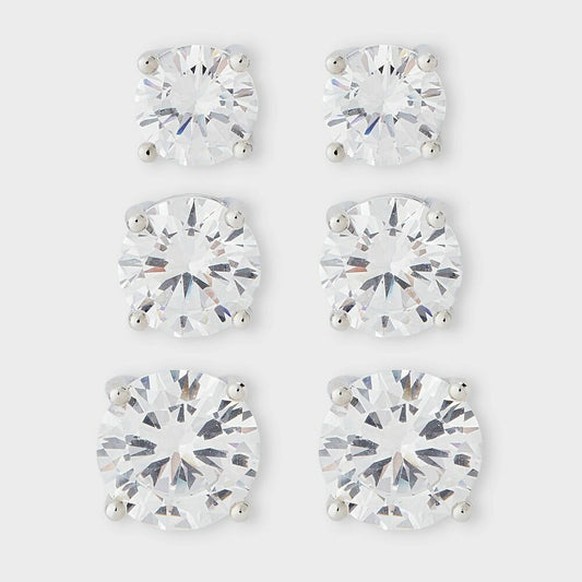 Silver Plated 6/7/8mm Cubic Zirconia Earring Set 3pc