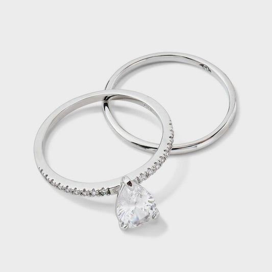 Silver Plated Cubic Zirconia Ring Set 2pc - Size 8