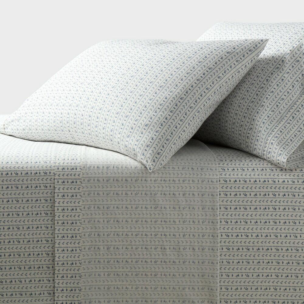 Queen Percale Sheet Set Ivory Floral Stripe