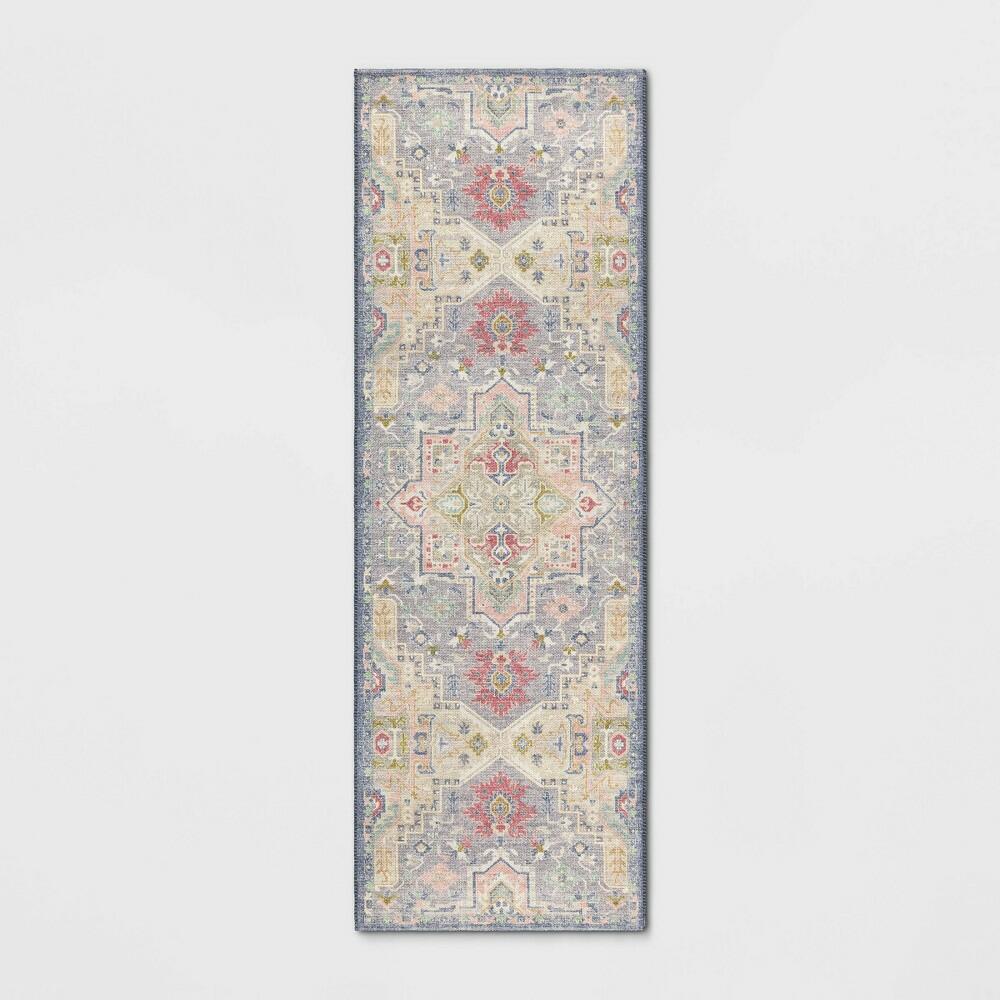 2'4"x7' Washable Zebrina Medallion Persian Style Printed Runner Rug Light Yellow/Blue - Threshold