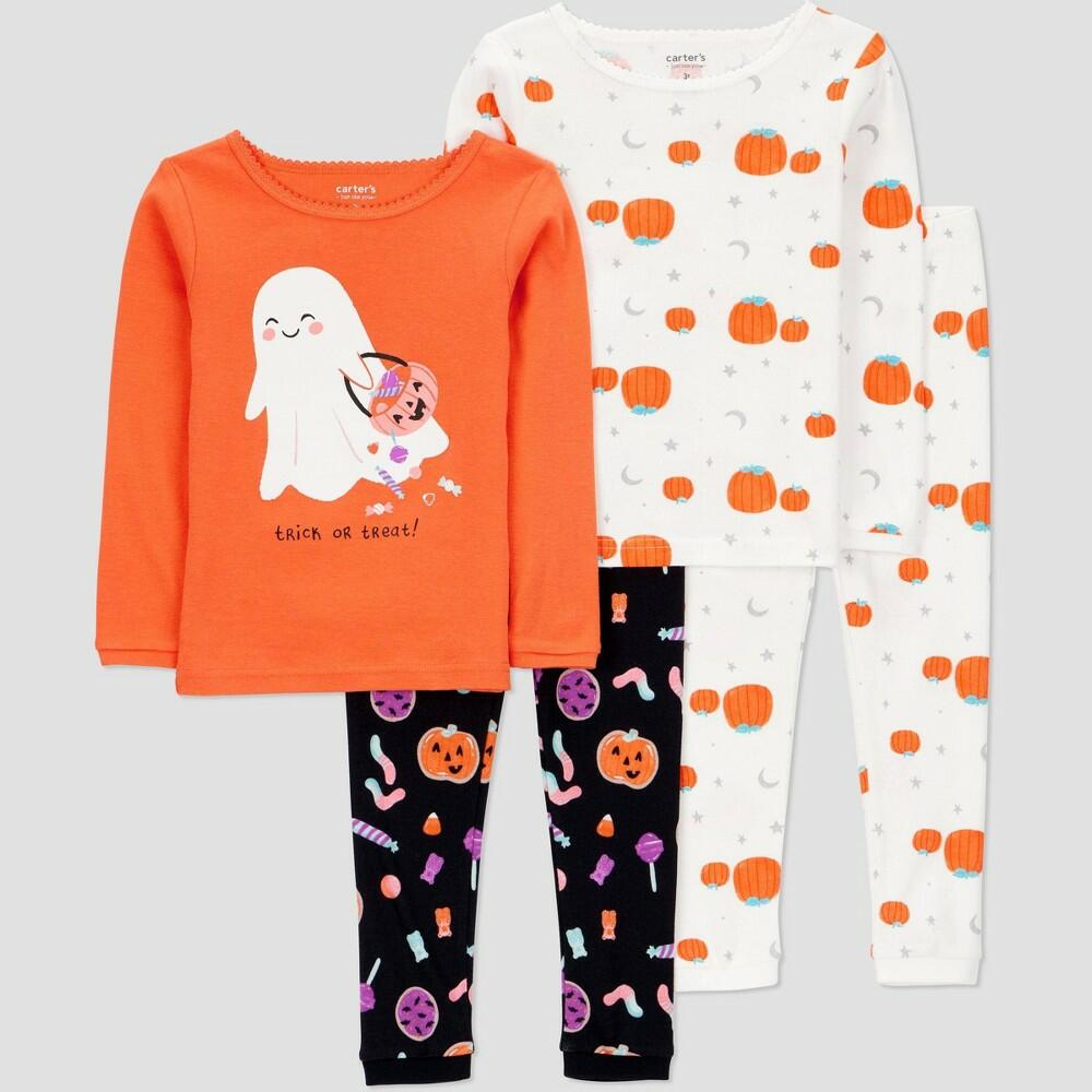 Carter's Just One You® Toddler Girls' 4pc Cotton Long Sleeve Ghost Halloween Pajama Set - Orange/White/Black 5T