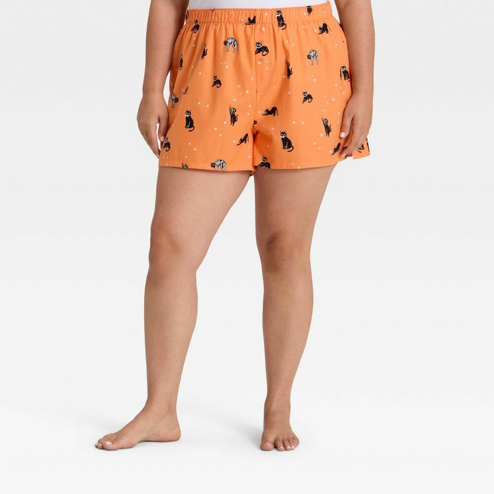 Women's Halloween Cats Flannel Boxer Pajama Shorts - Hyde and EEK! Boutique™ Orange 4X
