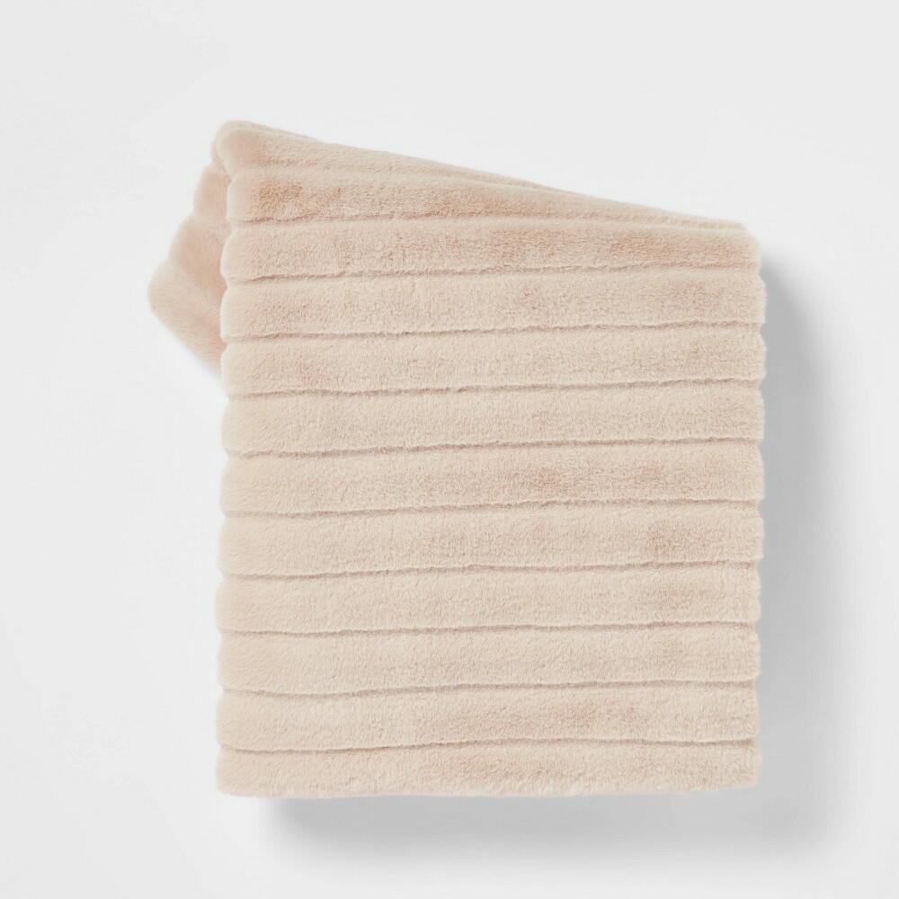 Textured Faux Fur Reversible Throw Blanket Neutral