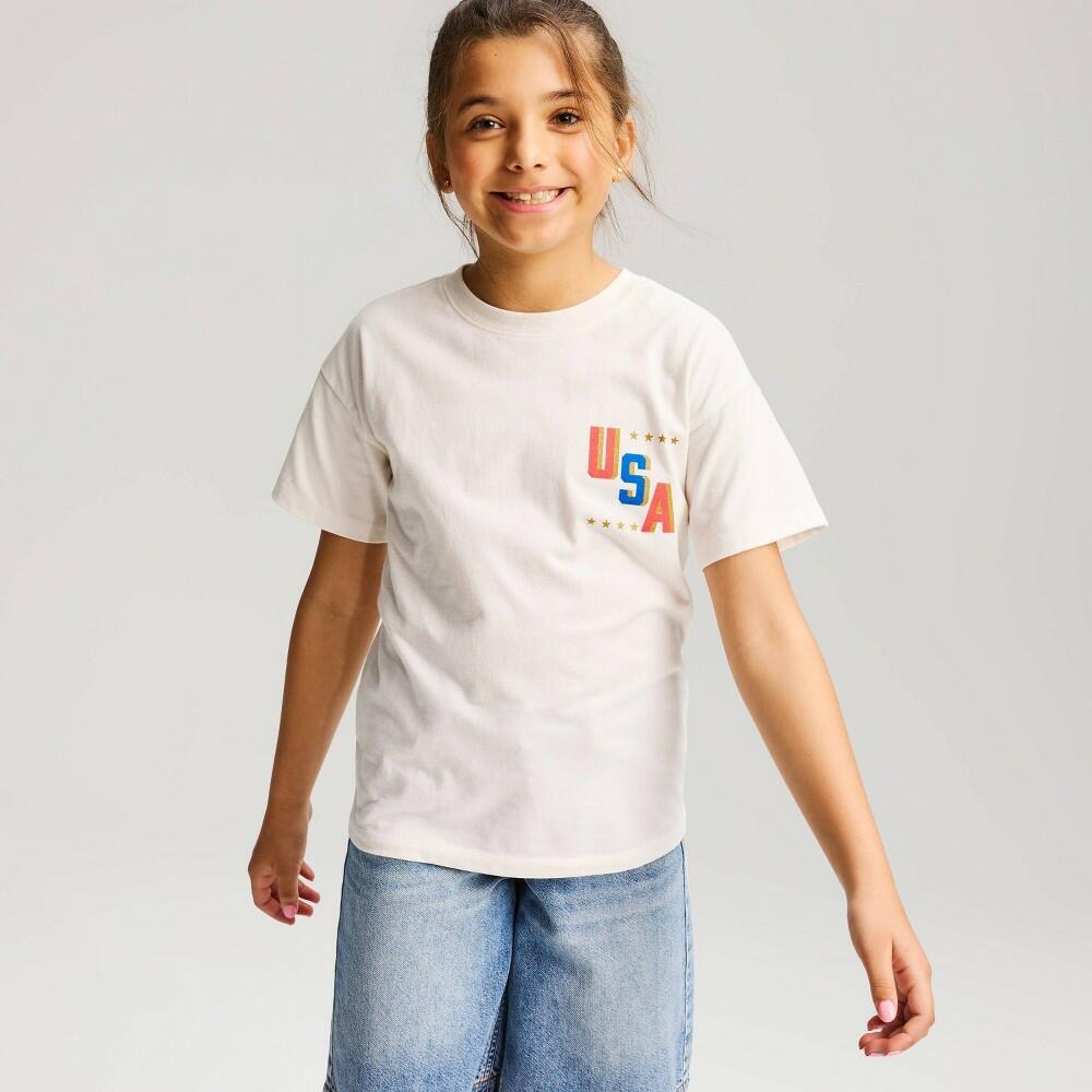 S Cat & Jack Girls' USA Graphic Jersey T-Shirt, Cream