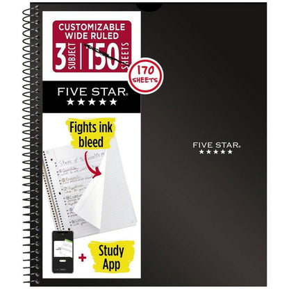 Five Star 3 Subject Wide Ruled Spiral Notebook