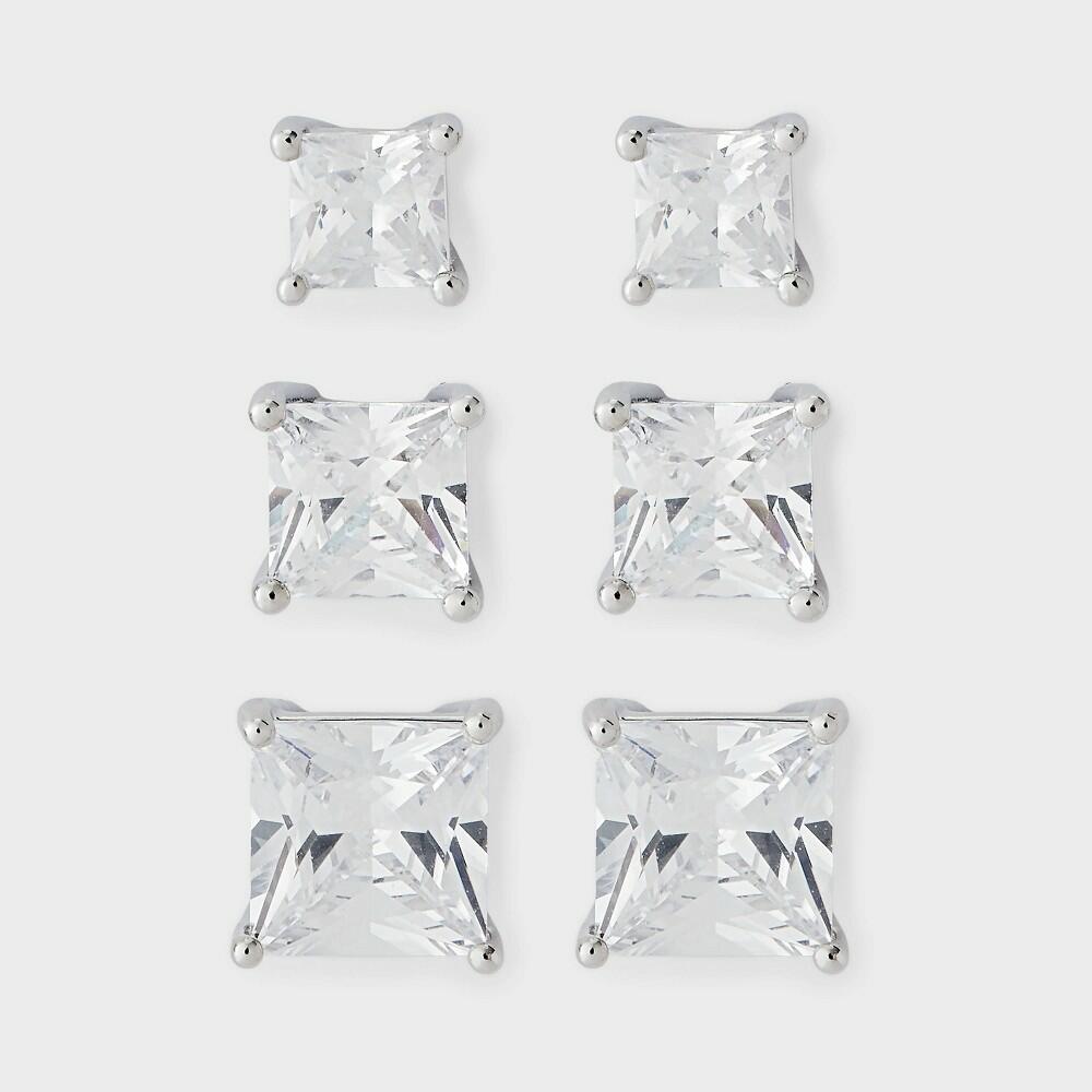 Silver Plated Cubic Zirconia Square Stud Earring Set 3pc
