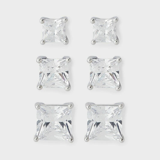 Silver Plated Cubic Zirconia Square Stud Earring Set 3pc