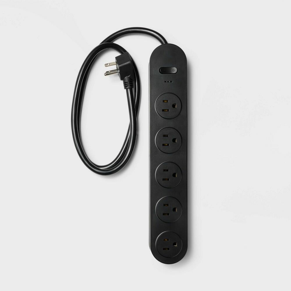 5 Outlet Surge Protector 3' Cord Black - heyday™