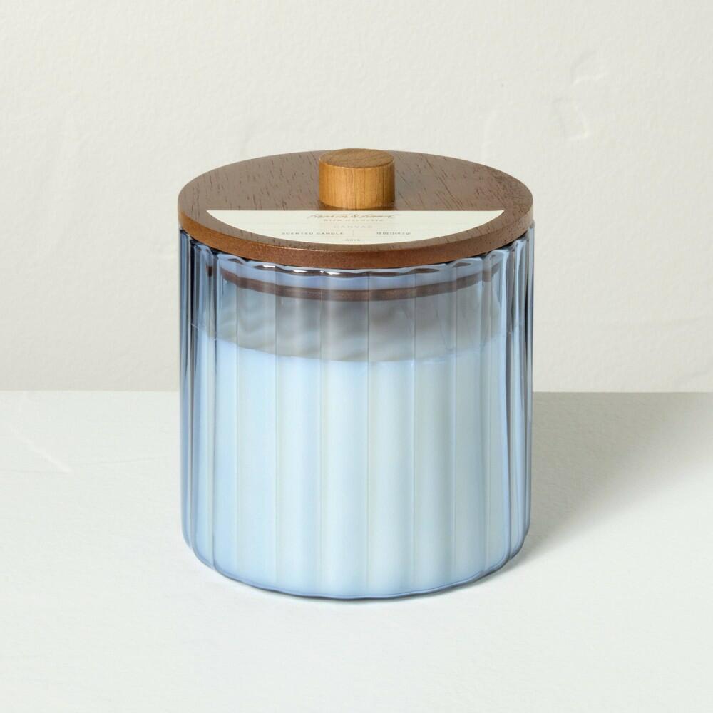 2 Wick Glass with Wooden Lid Canvas Jar Candle Blue 12oz - *no lid*