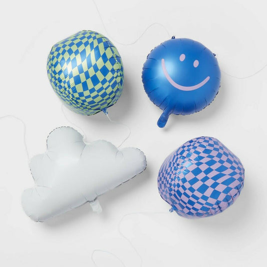 Retro Smiley, Checkered, and Cloud Balloon 4pk
