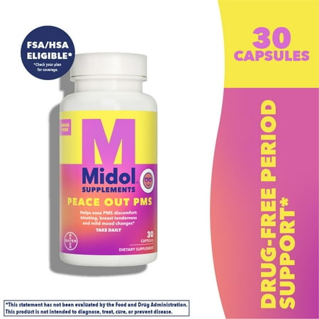 Midol Supplements Peace Out PMS, PMS Support Supplement, Formulated with Chasteberry to Help Ease Breast Tenderness & Mild Mood Changes, Also with Ginger Powder & Valerian Extract, 30 Count *Exp 2026/01*