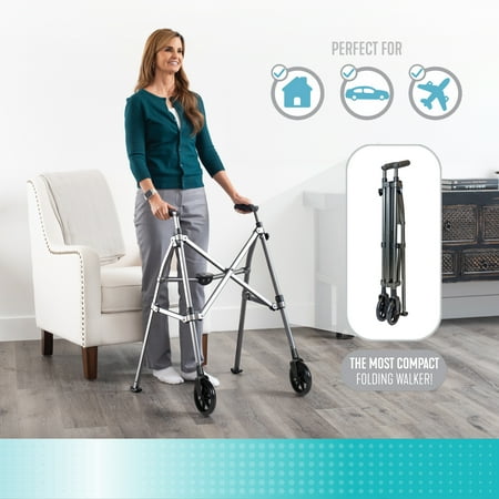 Stander Space Saver Walker, Lightweight Folding Walker for Seniors, Adult Walker with Wheels, Two Wheeled Rolling Walker with Rear Ski Glides, Black Walnut