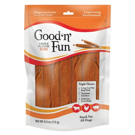 Good 'n Fun Triple Flavor Ribs, Rawhide Chews for All Dogs, 4 oz *Best By 12/13/26*