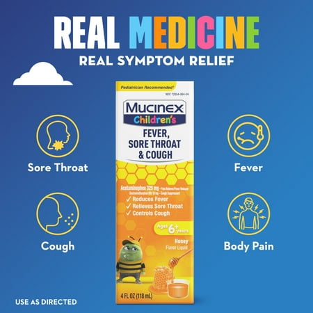 Mucinex Children's Fever, Sore Throat OTC' Cough Medicine for Kids, Honey Flavor Liquid, 4 fl oz *Exp 04/2026*