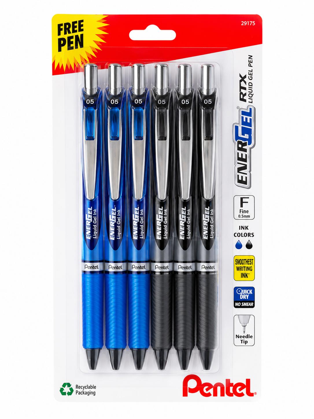 Pentel EnerGel RTX Liquid Gel Pens, 0.5mm, Blue and Black Ink