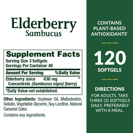 Nature's Bounty Sambucus Elderberry 630 mg Softgels for Antioxidant Health 120 ct *Exp 09/2026*