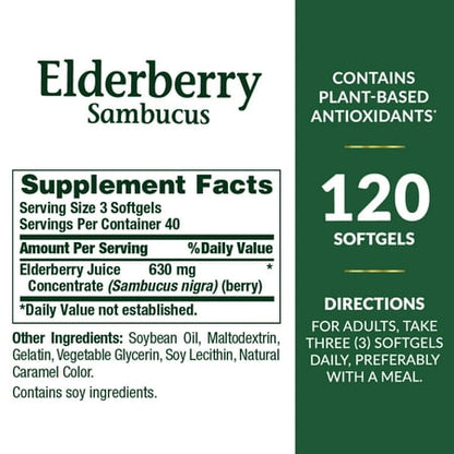 Nature's Bounty Sambucus Elderberry 630 mg Softgels for Antioxidant Health 120 ct *Exp 09/2026*