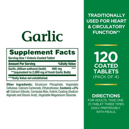 Nature's Bounty Garlic Tablets, Heart Health, 2000 Mg, 120 ct *Exp 09/26*
