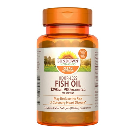 Sundown Odorless Fish Oil, 1290mg, Omega 3 Dietary Supplement Heart Health, 72 ct *Exp 01/26*