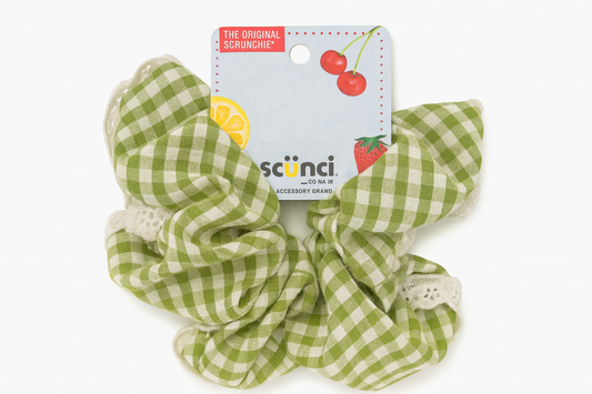 Scunci The Original Scrunchie Green Checked White Lace