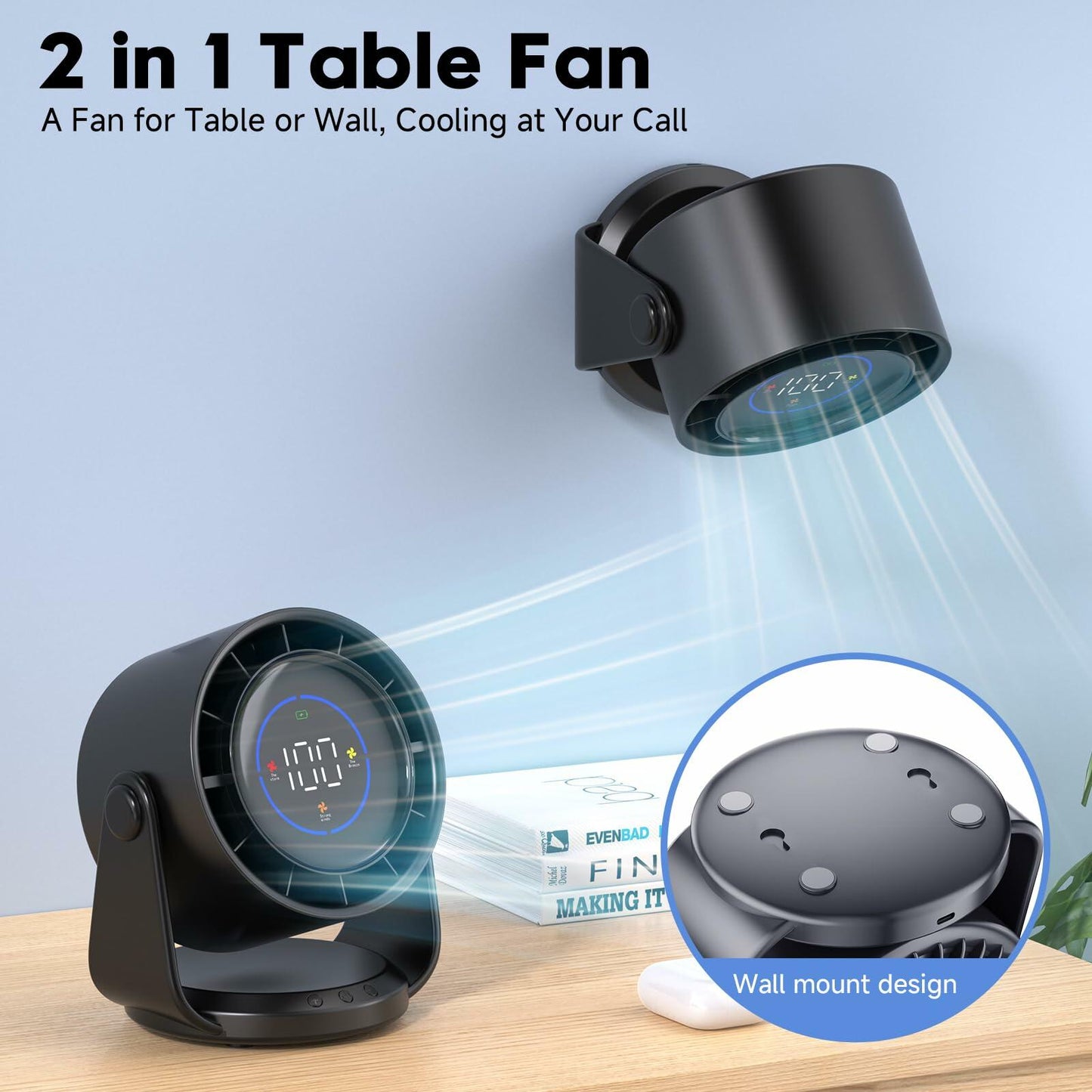 Adjustable Rechargeable Desk Fan 7.5" Black