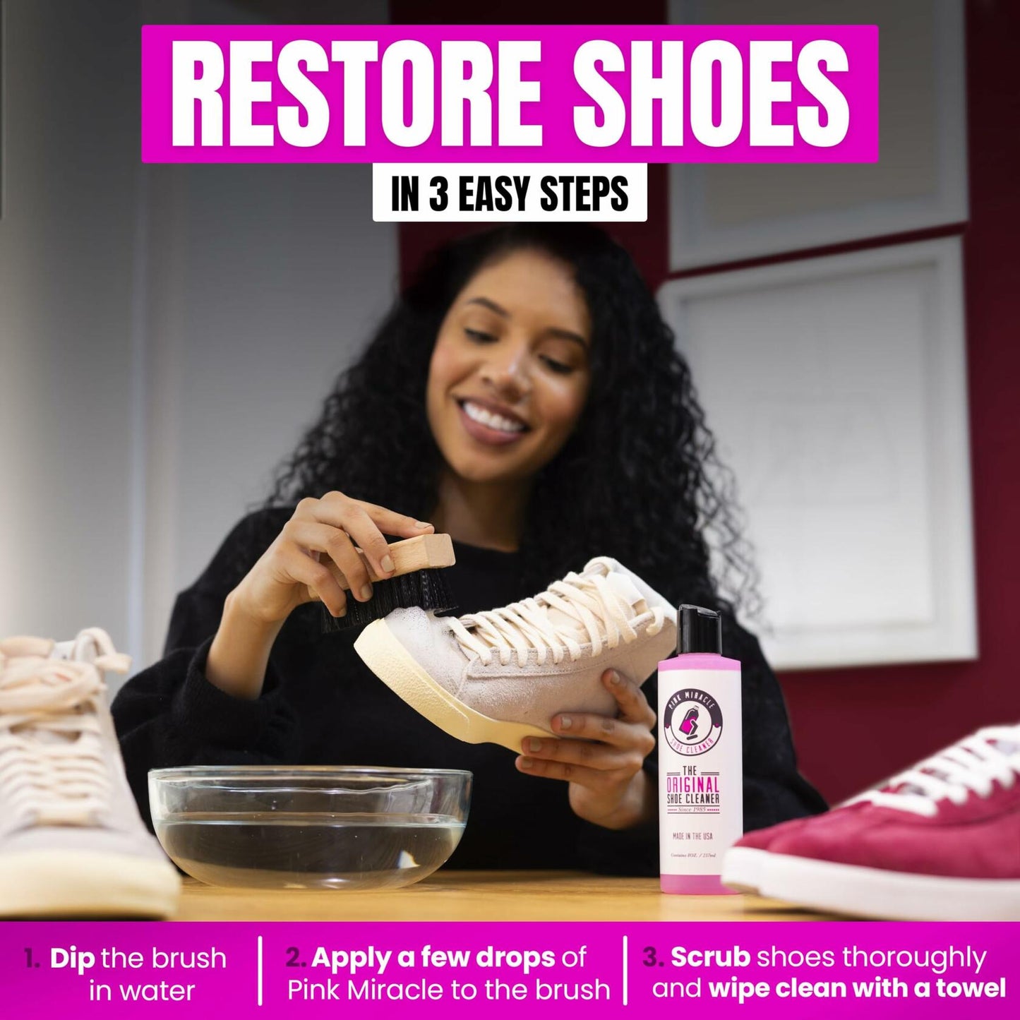 Pink Miracle Shoe Cleaner Kit with Bottle and Brush 4 oz