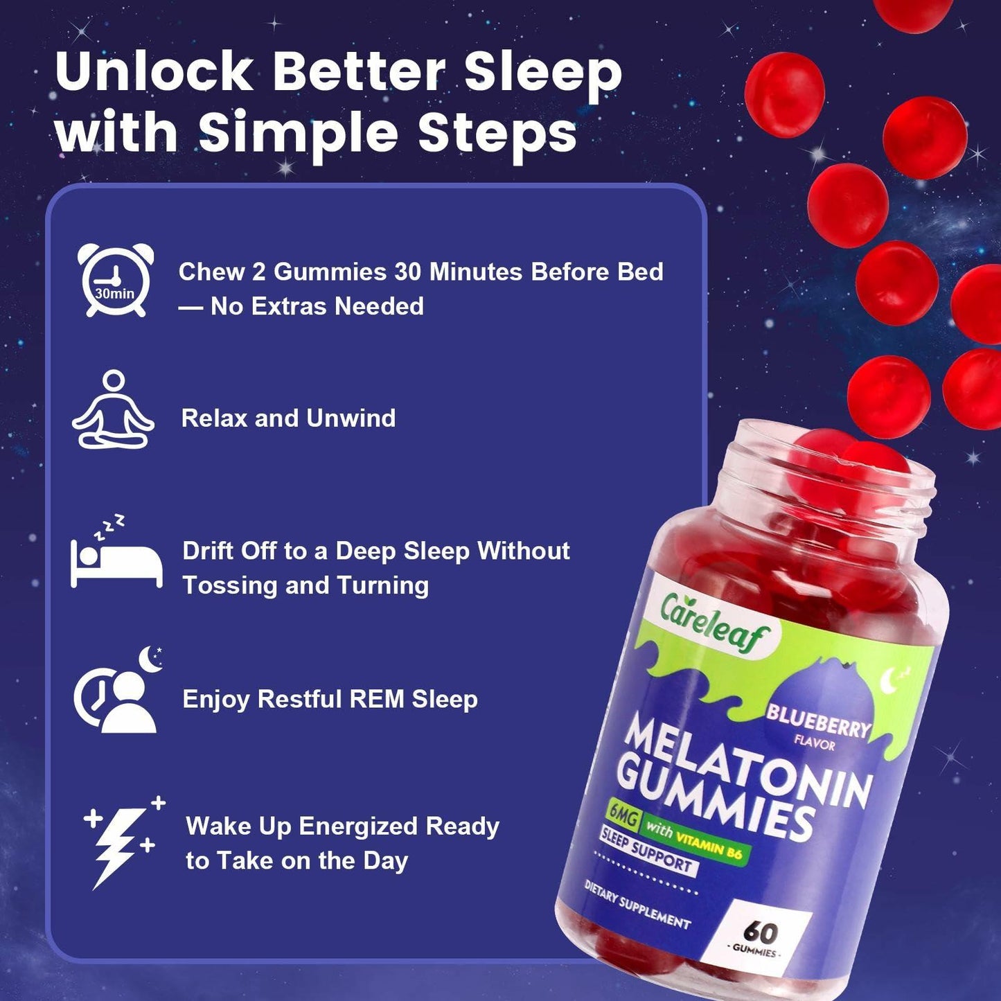 careleaf Melatonin Gummies  - Blueberry Flavor 60 Count