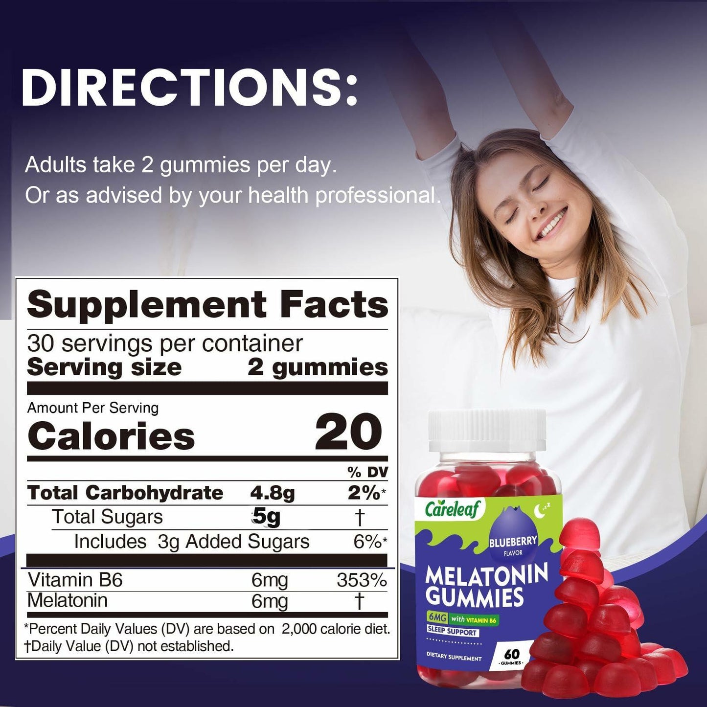 careleaf Melatonin Gummies  - Blueberry Flavor 60 Count