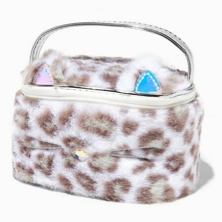 Claire s Club Furry Snow Leopard Makeup Bag