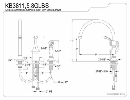 Kingston Brass Georgian Kitchen Faucet with Brass Sprayer, 8-3/4-Inch, Brushed Nickel