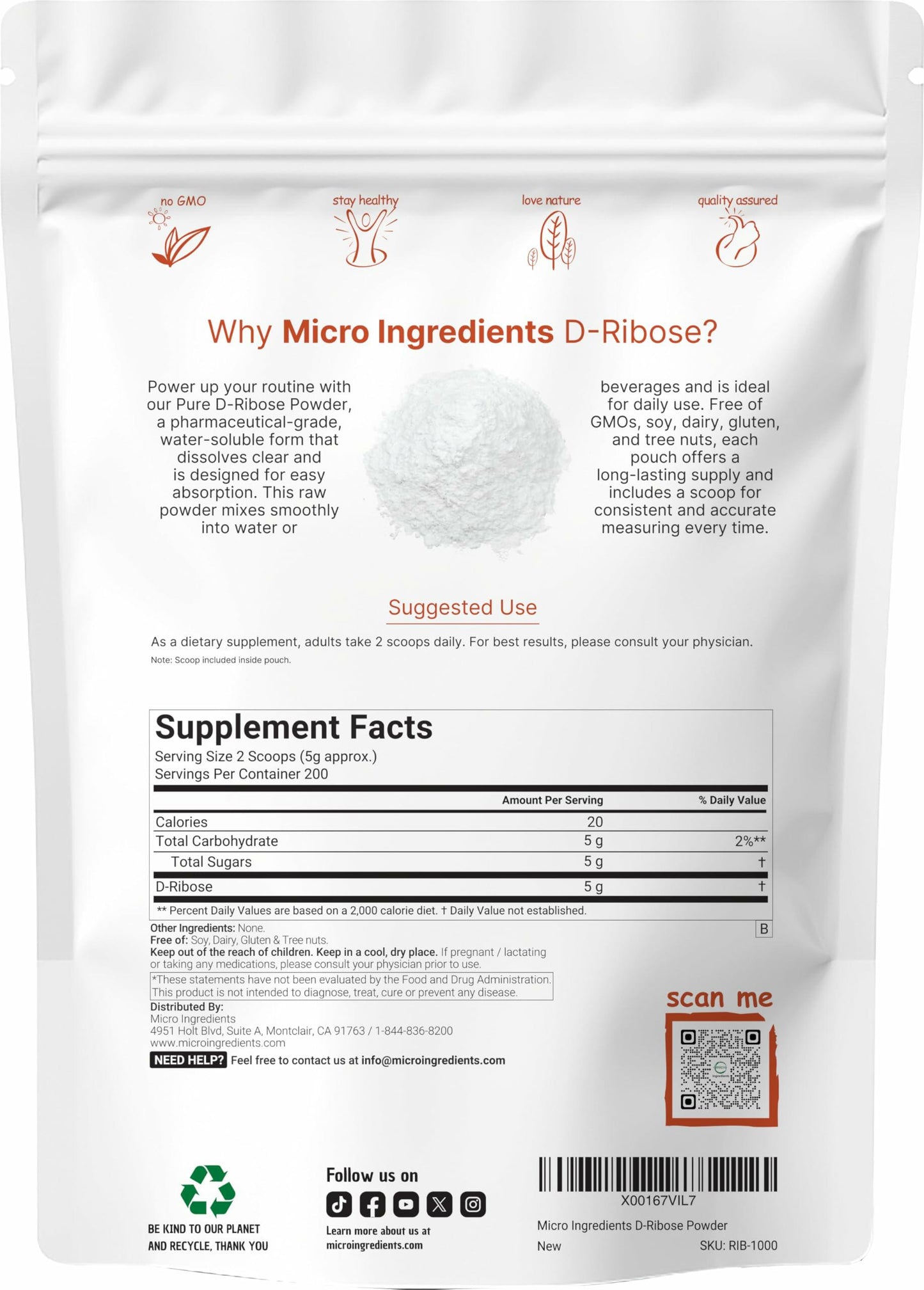 Pure D Ribose Powder, 1 KG (2.2 Pound & 200 Servings)
