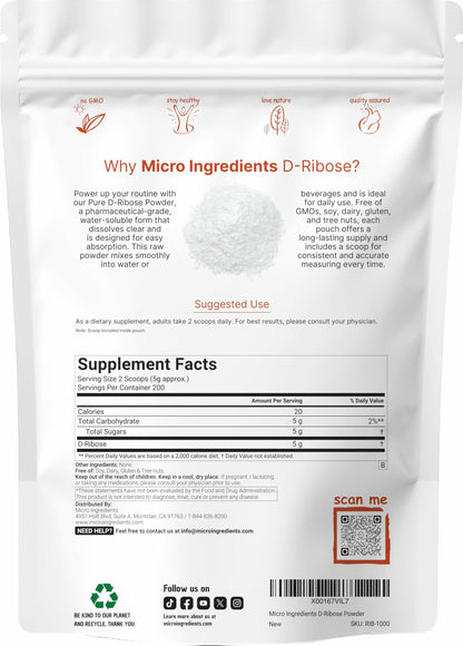 Pure D Ribose Powder, 1 KG (2.2 Pound & 200 Servings)