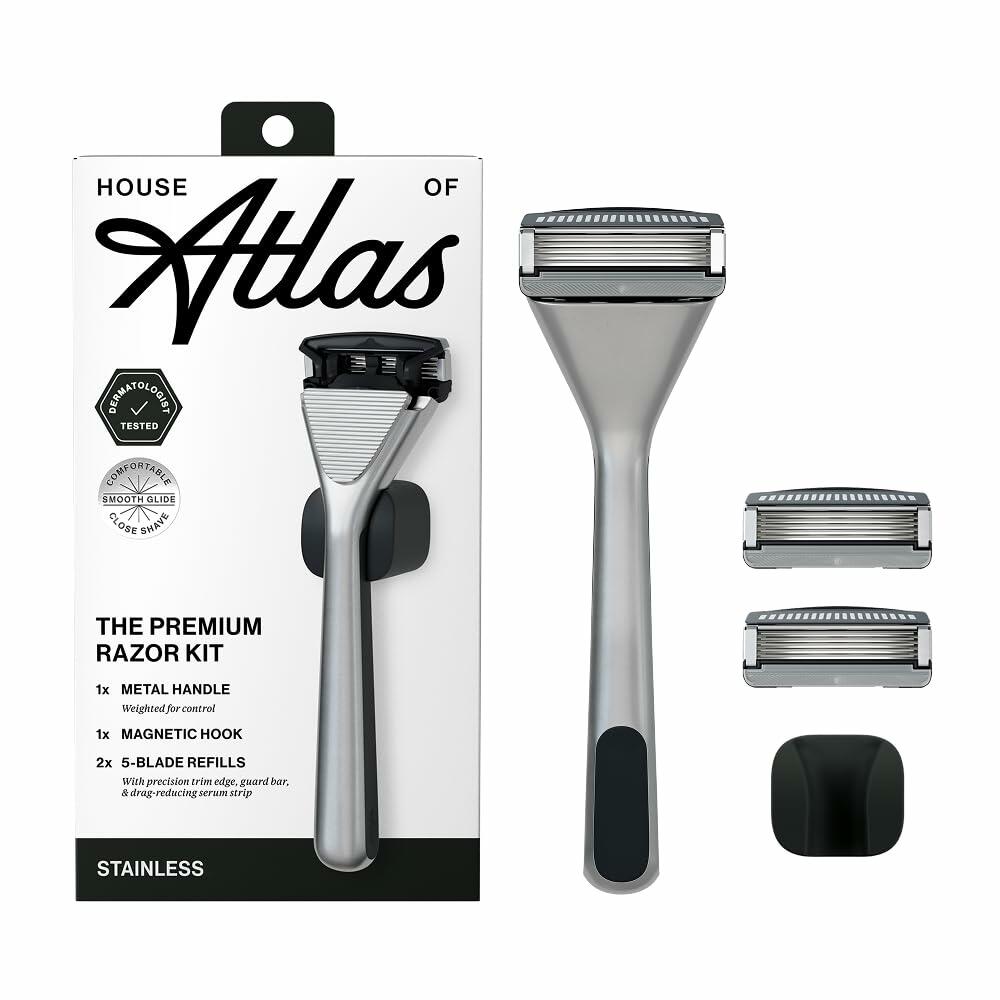House of Atlas Premium Razor for Men, Handle + 2 Razor Blade Refills + Magnetic Shower Hook