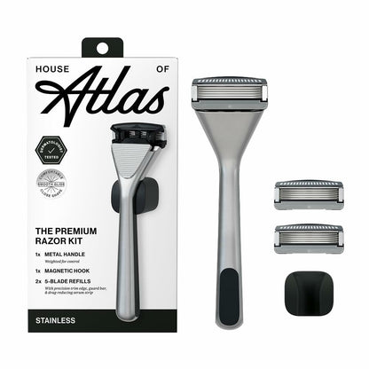 House of Atlas Premium Razor for Men, Handle + 2 Razor Blade Refills + Magnetic Shower Hook