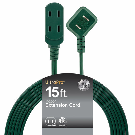 GE 3-Outlet Flat Plug Extension Cord, 15 Ft Indoor Power Cord