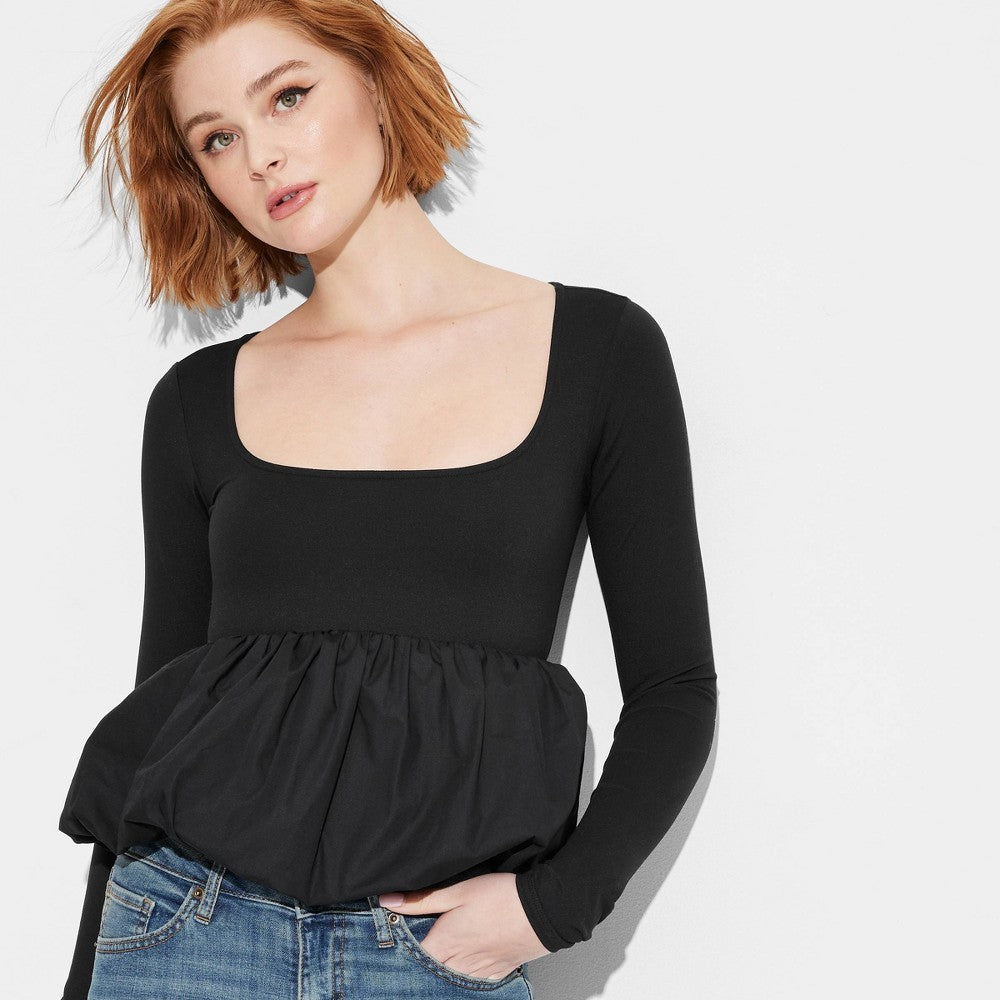 Long Sleeve Squareneck Bubble Top - Black