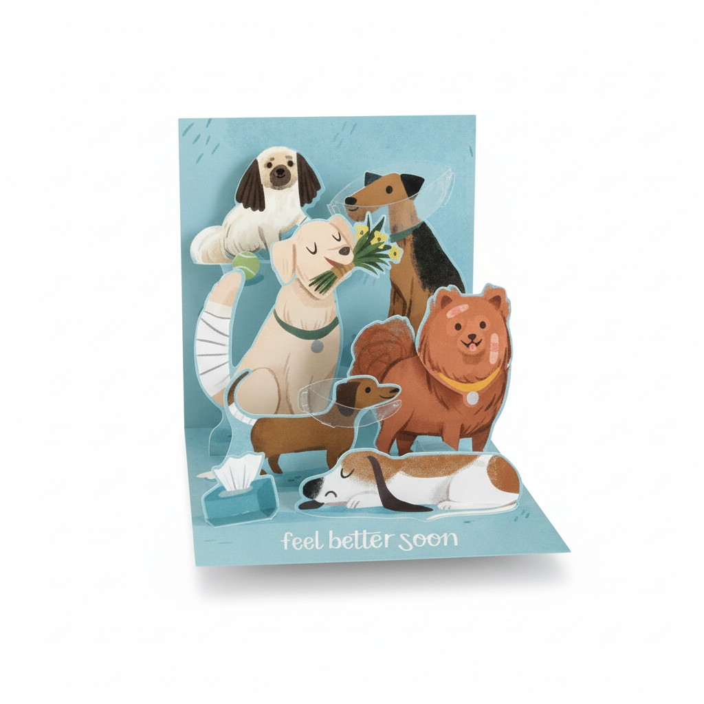 Up With Paper Get Well Dogs: White, Brown and Tan Dogs with Gauze Wraps and Bandages 5-Inch 3D Pop-Up Get Well Card